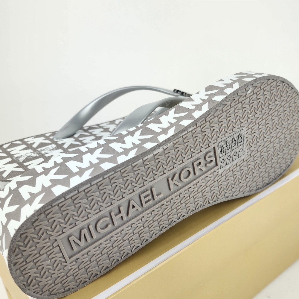 New Michael Kors Sandals Wedge Platform Taupe White Silver Bedforf Glam New - Picture 7 of 7